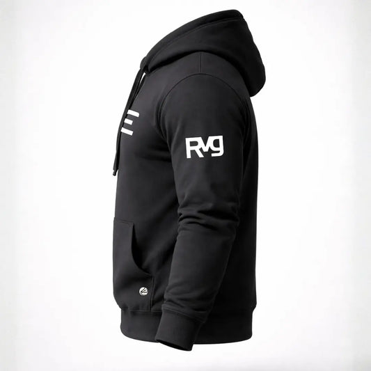 Sudadera RAVGE Clasic Rckiss, vista lateral con logo RVG en manga, color negro, hoodie fitness MMA
