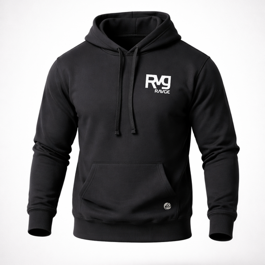 Sudadera Jiujitsu RVG RAVGE Rckiss, vista frontal logo RVG en pecho, color negro, hoodie MMA BJJ