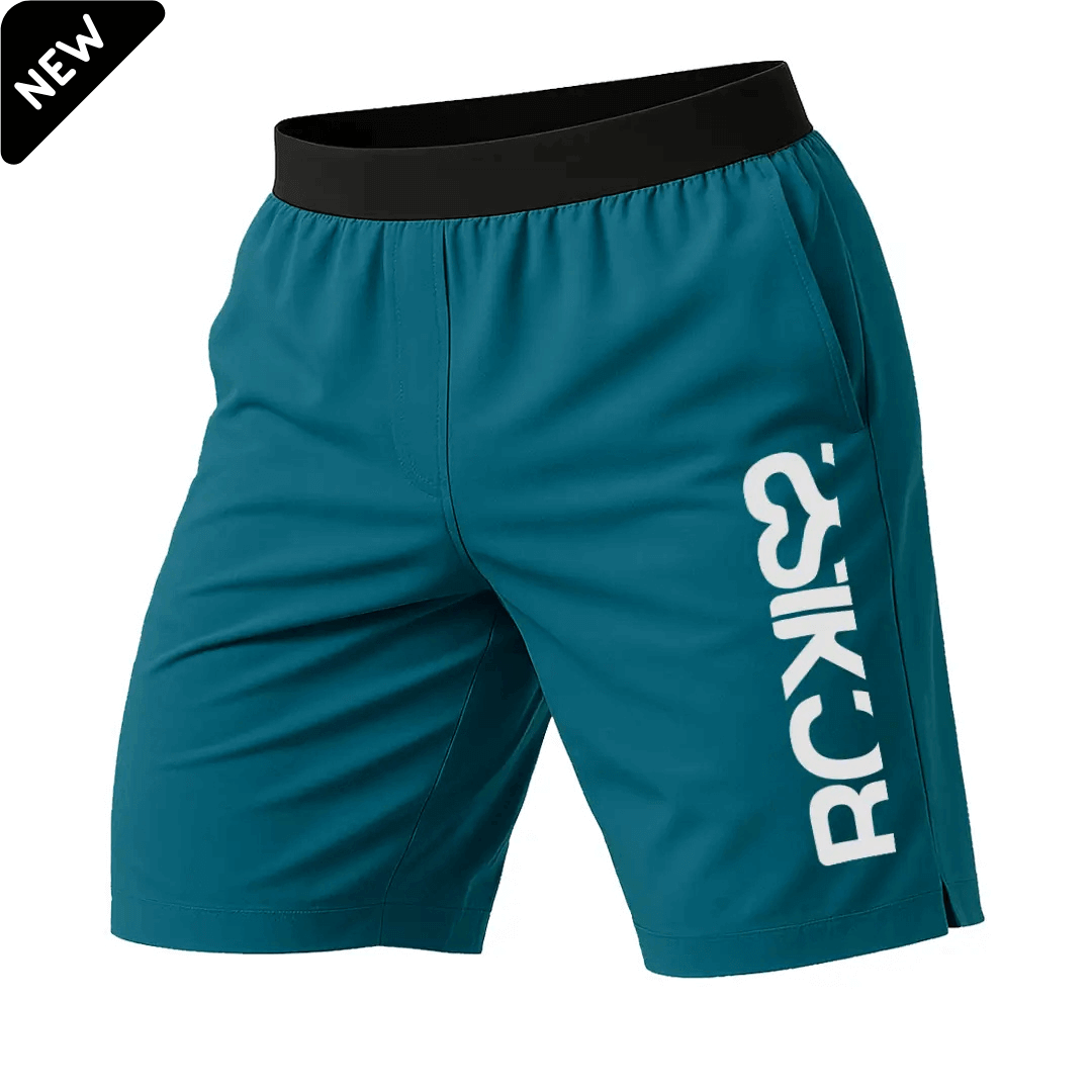 SHORT AZUL TORMENTA MARCA RCKISS CINTURA ELASTICO NEGRO CON LOGOTIPO RCKISS EN BLANCO EN LA PIERNA IZQUIERDA