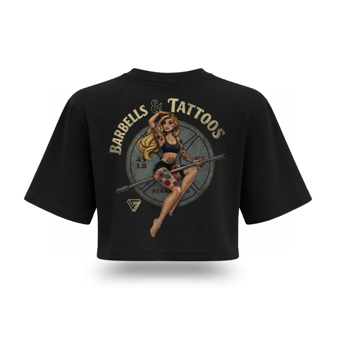Crop top Barbell & Tatoos Rckiss, diseño trasero pin-up con barra y discos, color negro, mujer fitness