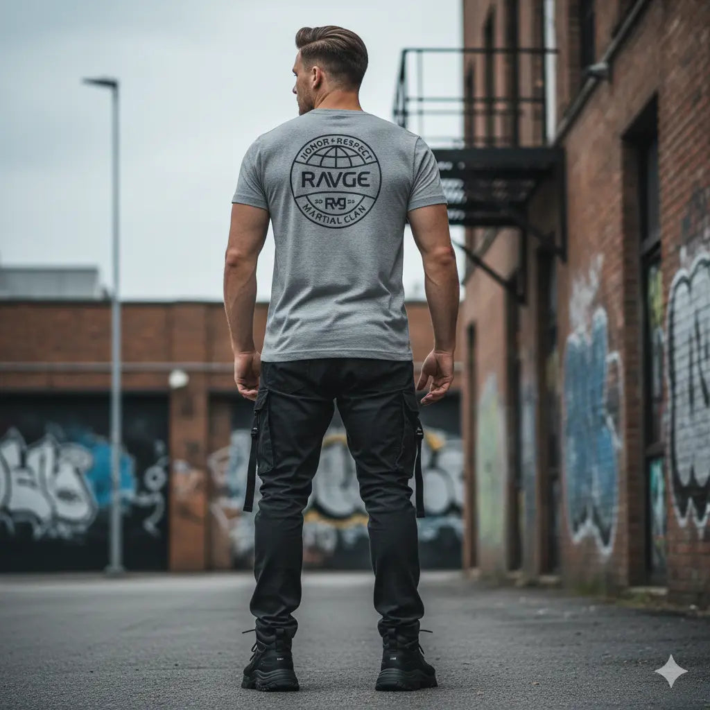 Modelo hombre con playera RAVGE Honor gris Rckiss, vista trasera, look urbano fitness streetwear