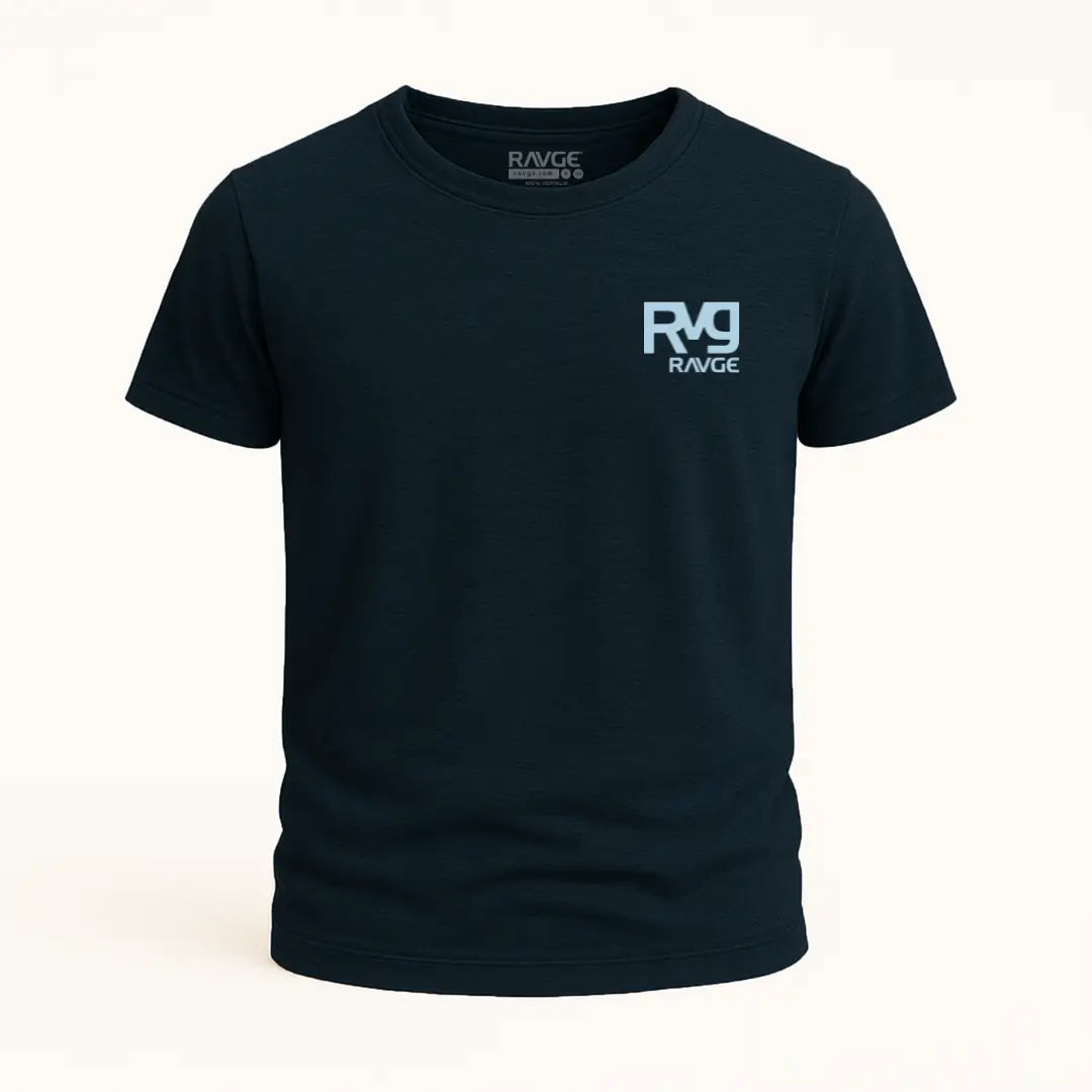 Playera RAVGE Honor Rckiss, vista frontal con logo RVG en pecho, color azul marino, unisex MMA