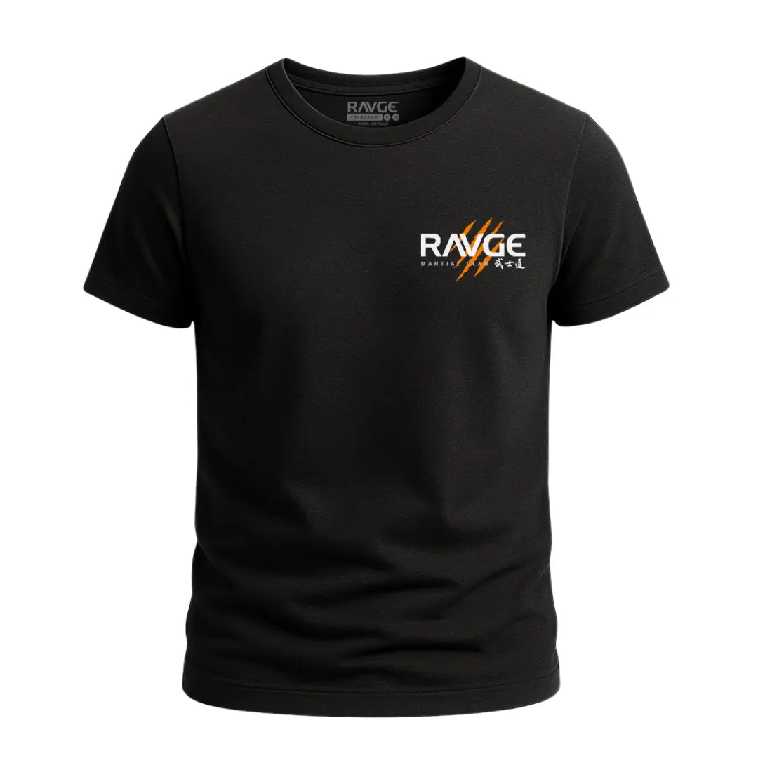 Playera RVG Tiger Claw RAVGE Rckiss, vista frontal logo RAVGE con garras tigre naranjas en pecho, color negro, ropa MMA artes marciales