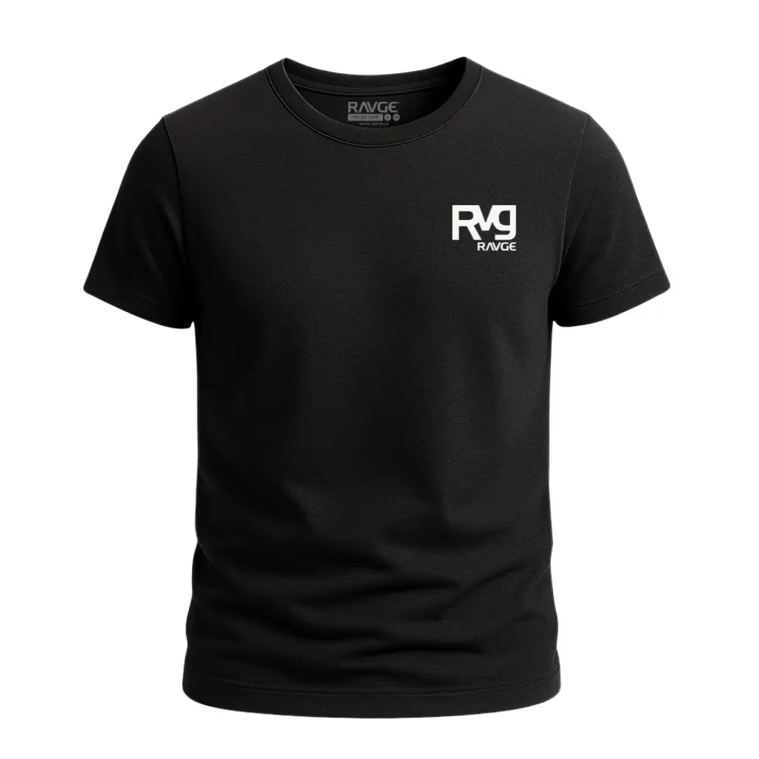 Playera RVG Martial Clan RAVGE Rckiss, vista frontal logo RVG RAVGE blanco en pecho, color negro, ropa fitness MMA hombre