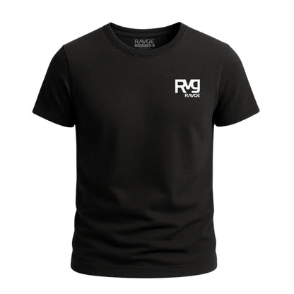 Playera RVG Martial Clan RAVGE Rckiss, vista frontal logo RVG RAVGE blanco en pecho, color negro, ropa fitness MMA hombre