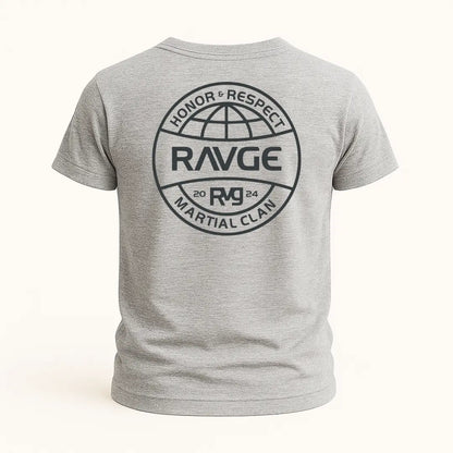Playera RAVGE Honor Rckiss, diseño trasero Honor & Respect Martial Clan, color gris melange, unisex