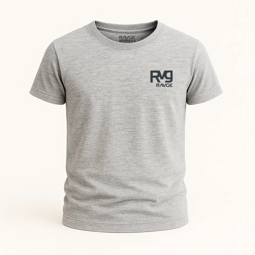 Playera RAVGE Honor Rckiss, vista frontal logo RVG en pecho, color gris melange, algodón unisex