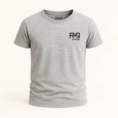 Playera RAVGE Honor Rckiss, vista frontal logo RVG en pecho, color gris melange, algodón unisex