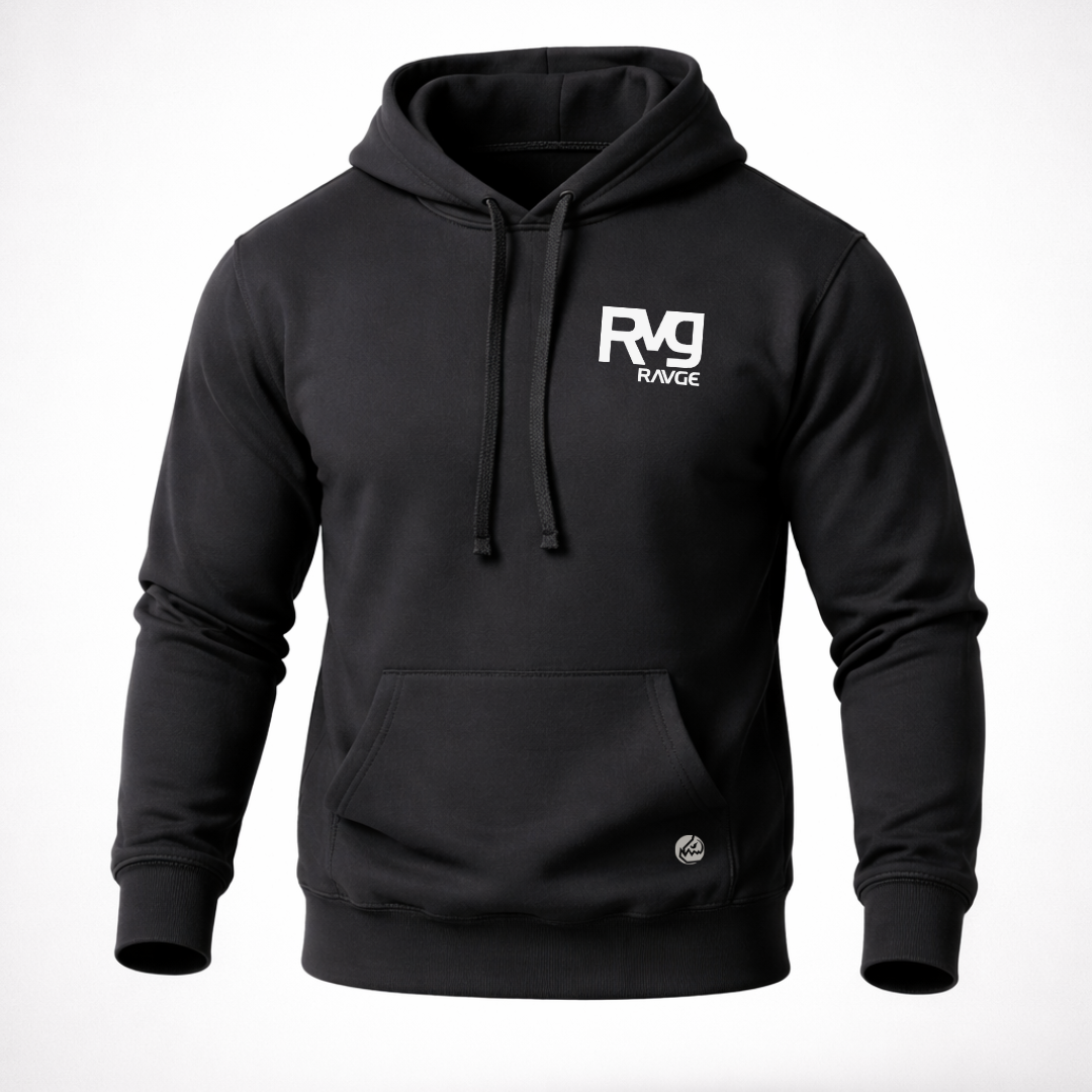 Sudadera Jiujitsu RVG RAVGE Rckiss, vista frontal logo RVG en pecho, color negro, hoodie MMA BJJ