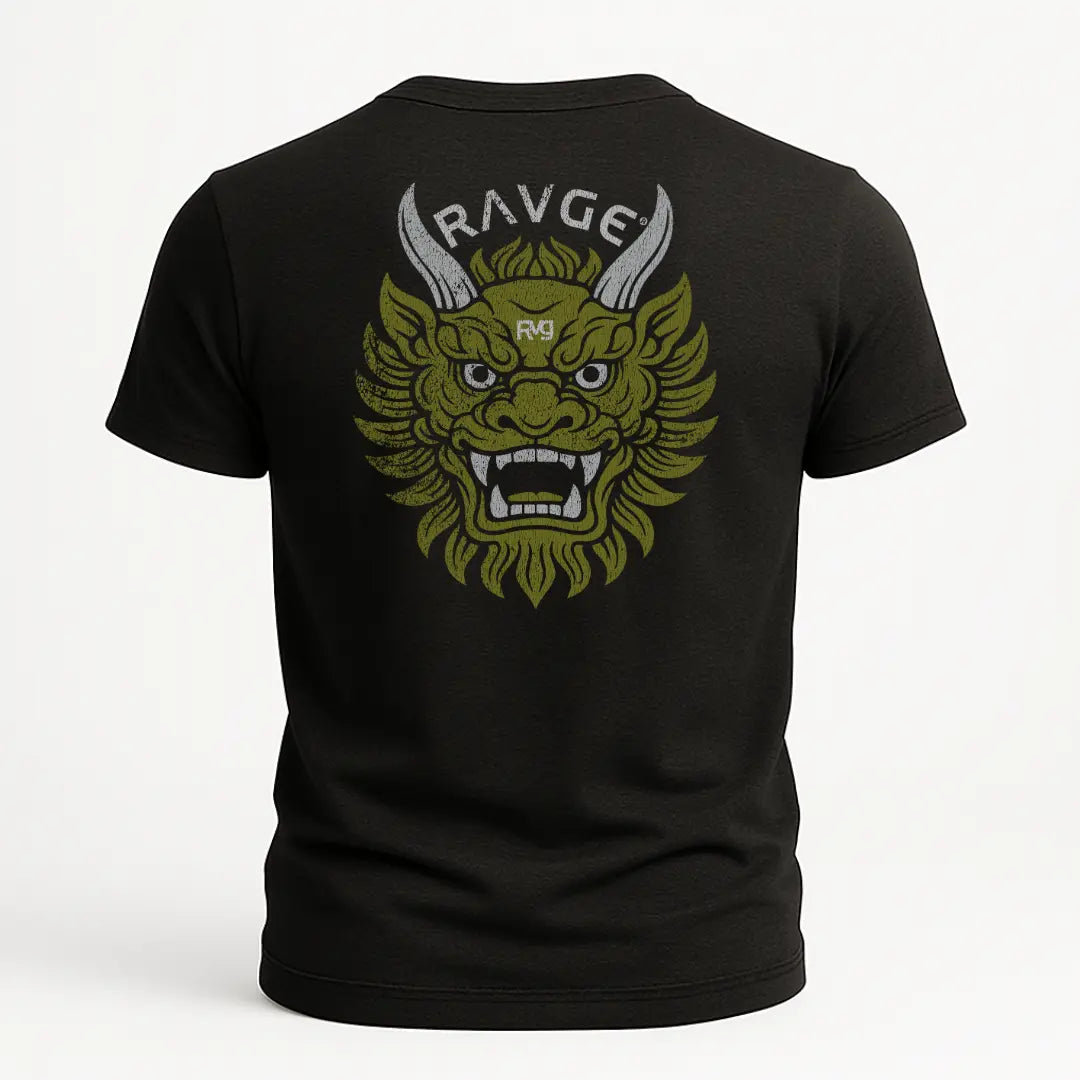 Playera RVG Oni Mask RAVGE Rckiss, diseño trasero máscara dragón japonés verde con cuernos logo RAVGE, color negro, MMA artes marciales