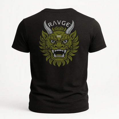 Playera RVG Oni Mask RAVGE Rckiss, diseño trasero máscara dragón japonés verde con cuernos logo RAVGE, color negro, MMA artes marciales