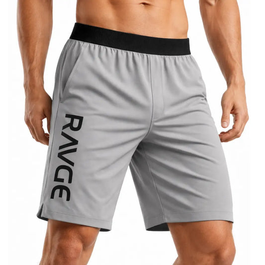 Short RVG Training 17" Titanium RAVGE Rckiss, color plateado con logo RAVGE, fitness MMA hombre