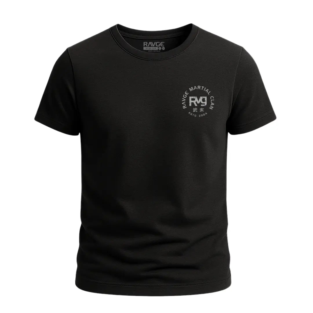 Playera RVG Oni Mask RAVGE Rckiss, vista frontal logo RAVGE Martial Clan en pecho, color negro, ropa MMA artes marciales hombre