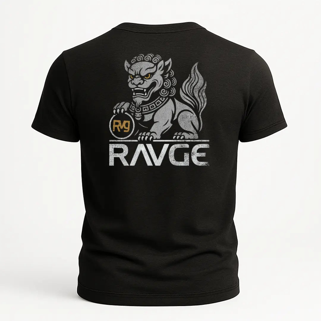 Playera RVG Lion Fu RAVGE Rckiss, diseño trasero guardián asiático mítico con logo RAVGE dorado, color negro, MMA streetwear unisex