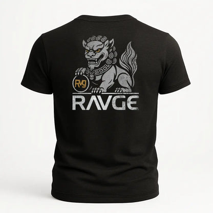 Playera RVG Lion Fu RAVGE Rckiss, diseño trasero guardián asiático mítico con logo RAVGE dorado, color negro, MMA streetwear unisex