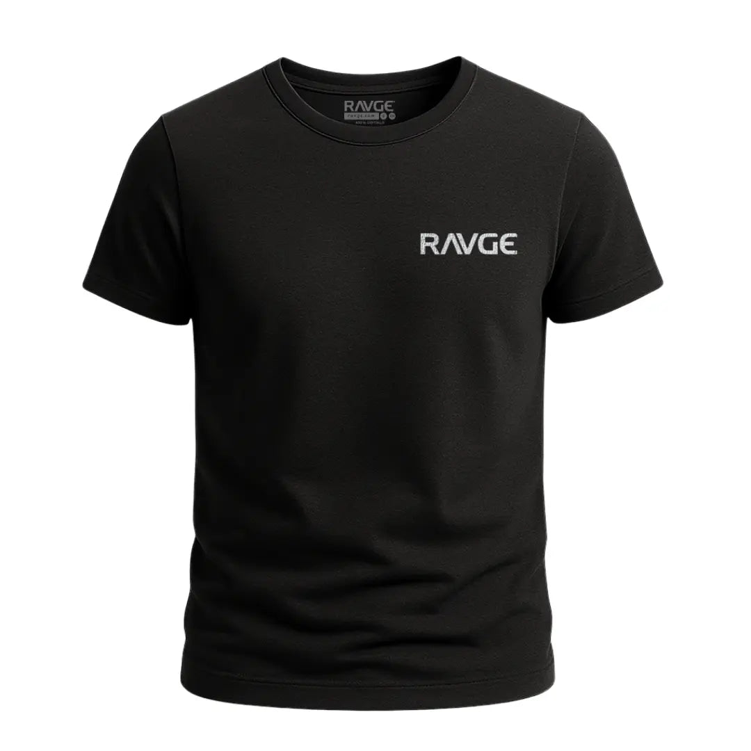 Playera RVG Lion Fu RAVGE Rckiss, vista frontal con logo RAVGE en pecho, color negro, ropa fitness MMA hombre