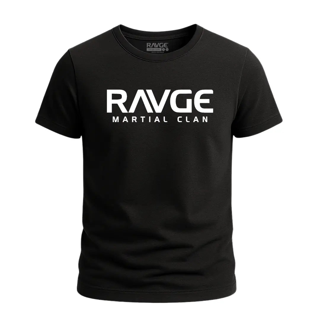 Playera RAVGE MC Rckiss, vista frontal logo RAVGE Martial Clan, color negro, algodón unisex MMA