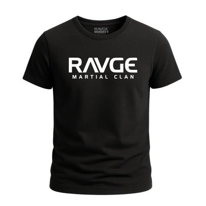 Playera RAVGE MC Rckiss, vista frontal logo RAVGE Martial Clan, color negro, algodón unisex MMA