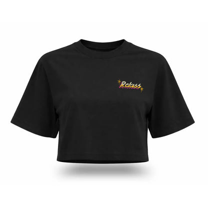 Crop top Tacos & Kilos Rckiss, vista frontal con logo Rckiss, color negro, mujer gym fitness