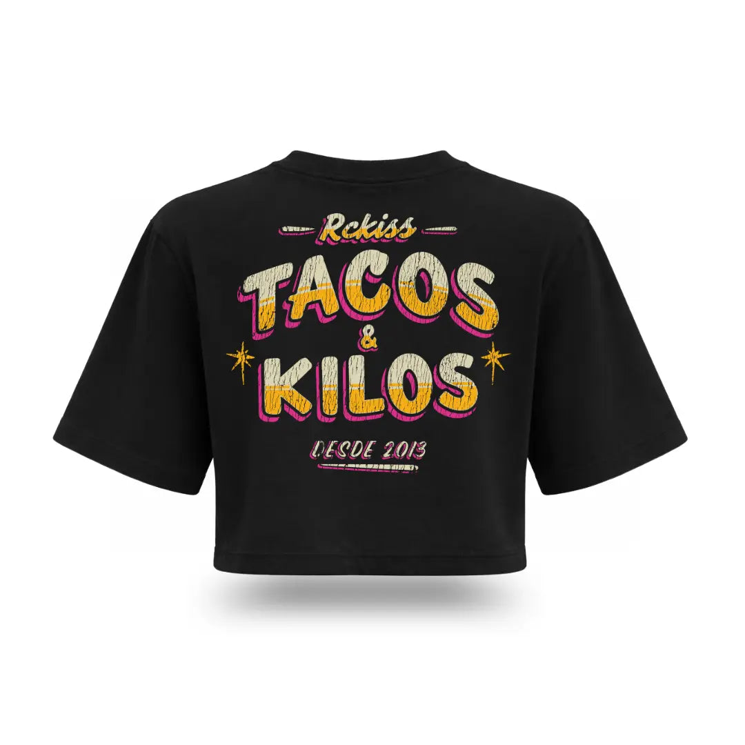 Crop top Tacos & Kilos Rckiss, diseño trasero letras retro neón, color negro, mujer fitness gym