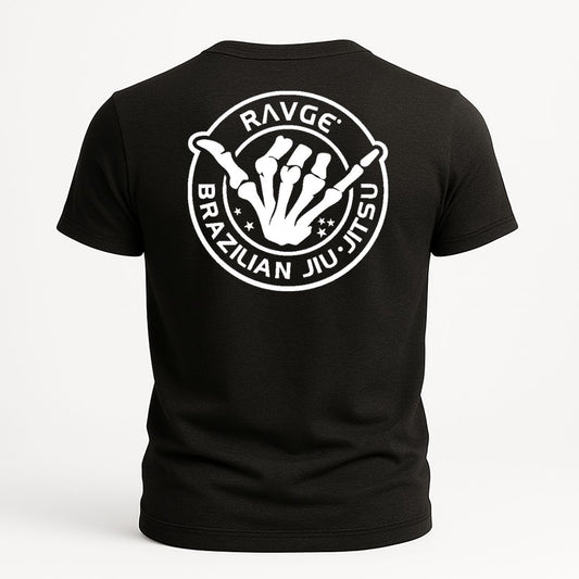 playera negra ravgebrazilian jiujitsu en color blanco