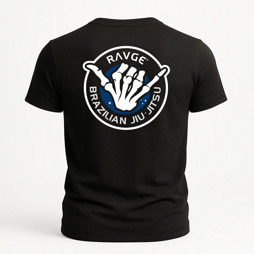 playera negra ravge brazilian jiujitsu en color blanco