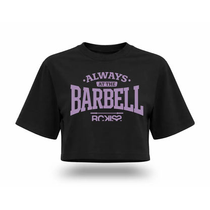 Crop top Always at the Barbell Rckiss, diseño frontal letras lilas "Always at the Barbell", color negro, corte box fit mujer fitness gym