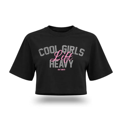 Crop top Cool Girls Rckiss, diseño frontal "Cool Girls Lift Heavy" letras plata y rosa, color negro, mujer fitness crossfit gym