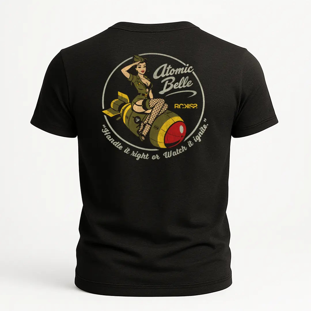 Playera Atomic Belle Tee Rckiss, diseño trasero pin-up girl sobre bomba vintage "Handle it right or Watch it ignite", color negro, gym mujer
