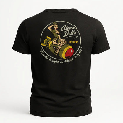 Playera Atomic Belle Tee Rckiss, diseño trasero pin-up girl sobre bomba vintage "Handle it right or Watch it ignite", color negro, gym mujer