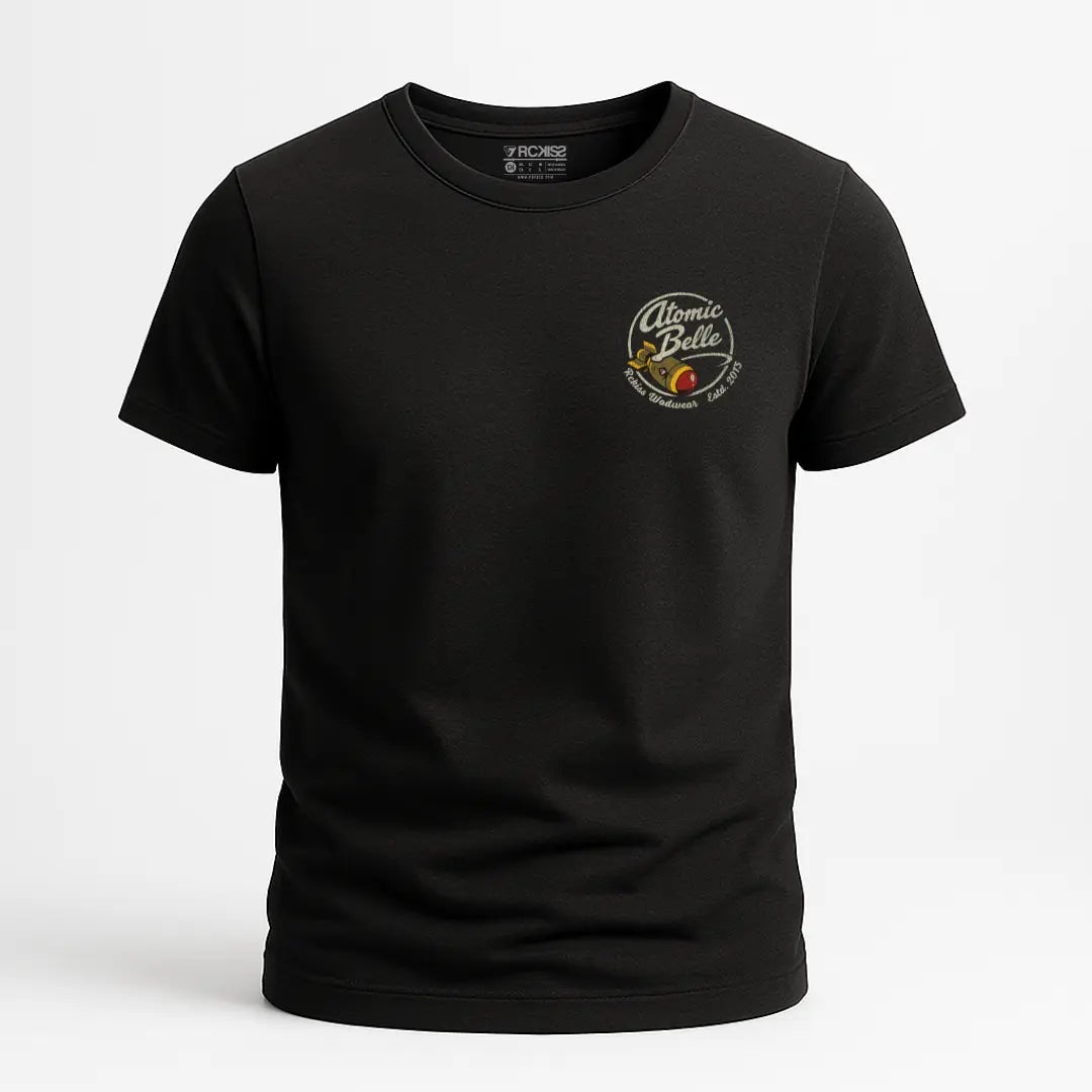 Playera Atomic Belle Tee Rckiss, vista frontal logo Atomic Belle circular en pecho, color negro, ropa fitness mujer gym unisex