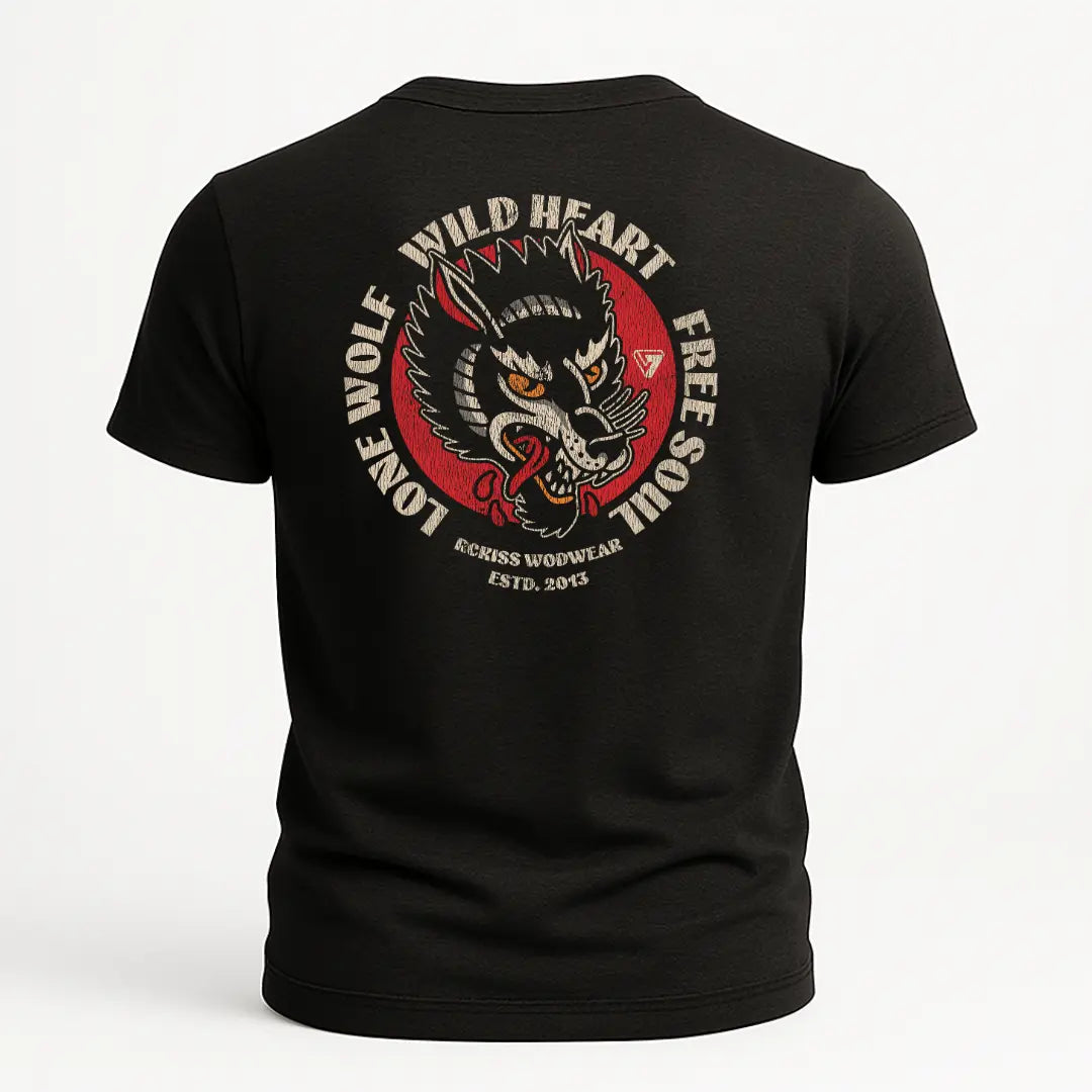 Playera Lone Wolf Rckiss, diseño trasero lobo Wild Heart Free Soul, color negro, fitness unisex