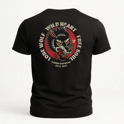 Playera Lone Wolf Rckiss, diseño trasero lobo Wild Heart Free Soul, color negro, fitness unisex