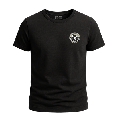 Playera RCKISS Barbell Badge negra con logo Barbell Club bordado en el pecho