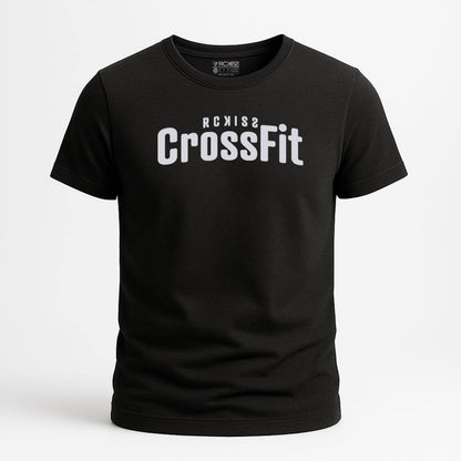 PLAYERA NEGRA MARCA RCKISS CON LOGO DE RCKISS CROSSFIT EN LETRAS BLANCAS ESTAMPADAS EN LA PARTE FRONTAL