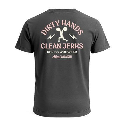 PLAYERA NEGRO JASPE RCKISS LOGOTIPO EN LA ESPALDA  "DIRTY HANDS, CLEAN JERK" EN LETRAS ROSA PALO Y CREMA