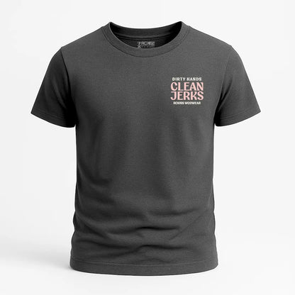 PLAYERA NEGRO JASPE RCKISS LOGOTIPO EN LA ESPALDA  "DIRTY HANDS, CLEAN JERK" EN LETRAS ROSA PALO Y CREMA