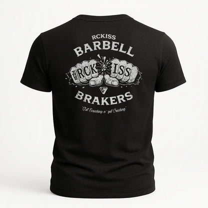 PLAYERA NEGRA CON ESTAMPO DE DOS PUÑOS ROMPIENDO BARRA DE GYM