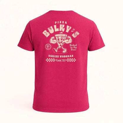 PLAYERA ROJO JASPE ESTAMPADO DE PIZZA  LETRERO BULKYS COLOR CREMA