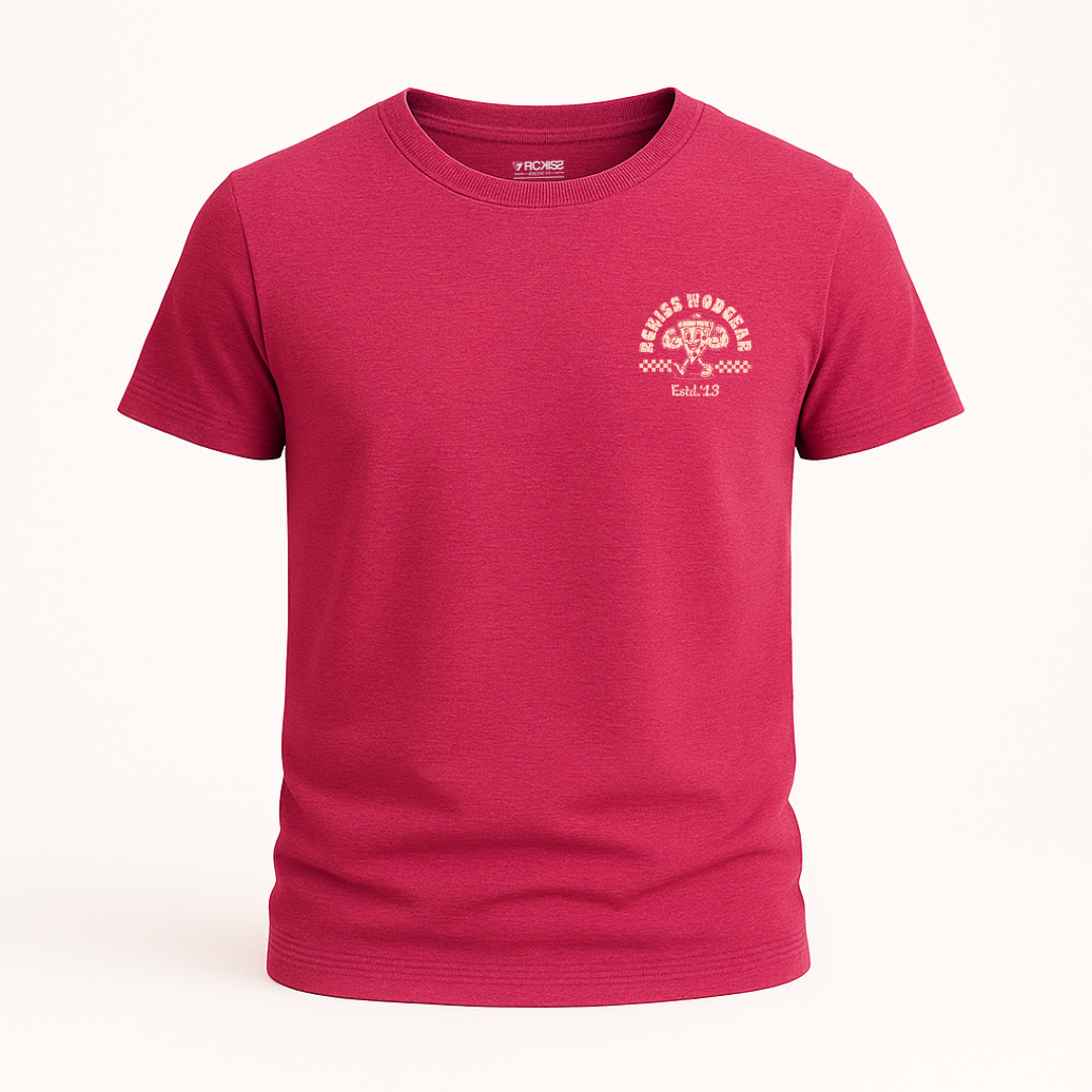 PLAYERA ROJO JASPE ESTAMPADO DE PIZZA  LETRERO BULKYS COLOR CREMA
