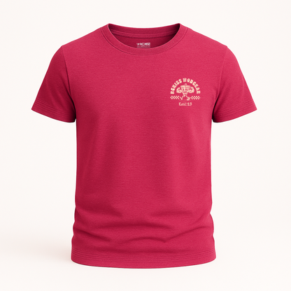 PLAYERA ROJO JASPE ESTAMPADO DE PIZZA  LETRERO BULKYS COLOR CREMA