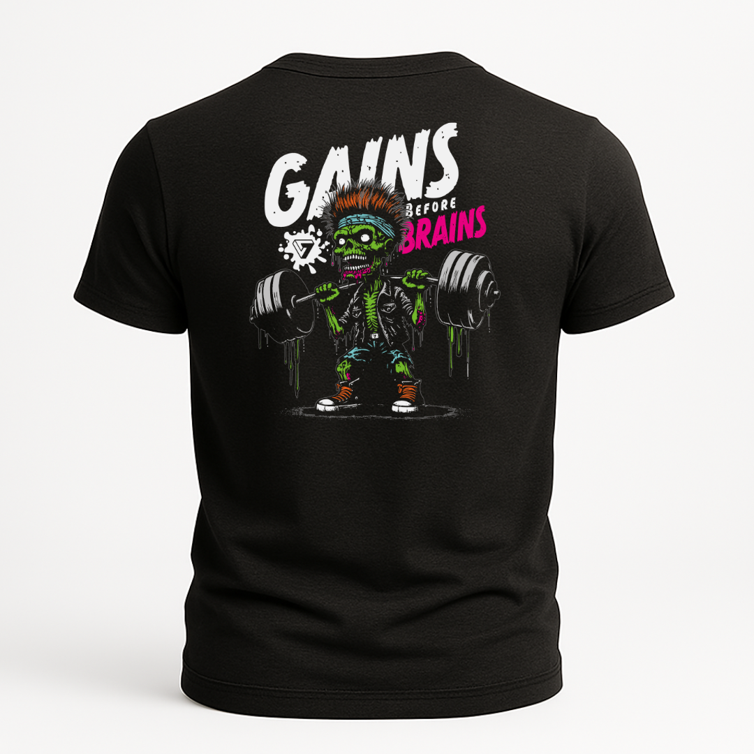 PLAYERA NEGRA CON UN ZOBIE CARGANDO UNA BARRA EN COLORES VIVIOS