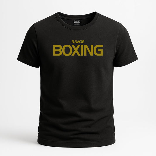 PLAYERA NEGRA RAVGE CON LOGOTIPO RAVGE BOXING EN LETRAS DORADAS