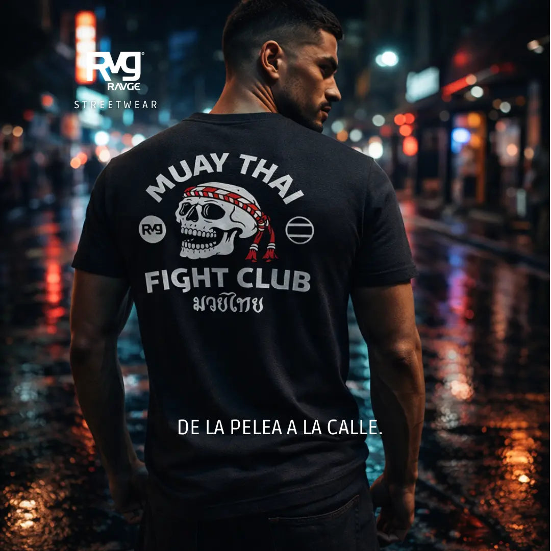 playera muay thai fight club ravge by rckiss negra hombre camiseta gym crossfit boxeo espalda diseño tipografia cobra modelo