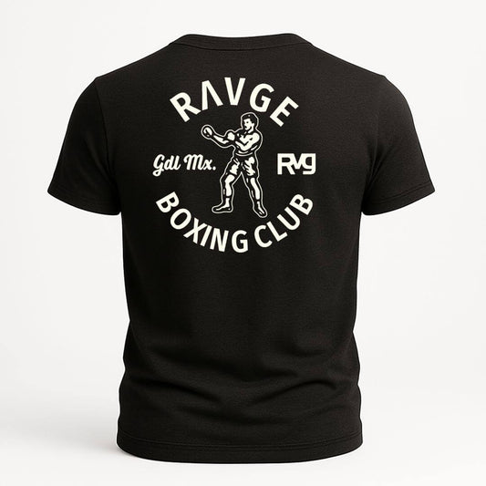 Playera negra con diseño en la espalda que muestra un boxeador vintage y el texto “RAVGE Boxing Club”, “Gdl Mx.” y el logotipo “RVG”. Estilo retro de club de box.