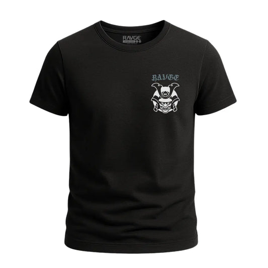 Playera negra RVG Academy vista frontal con logo samurái RAVGE bordado en el pecho izquierdo