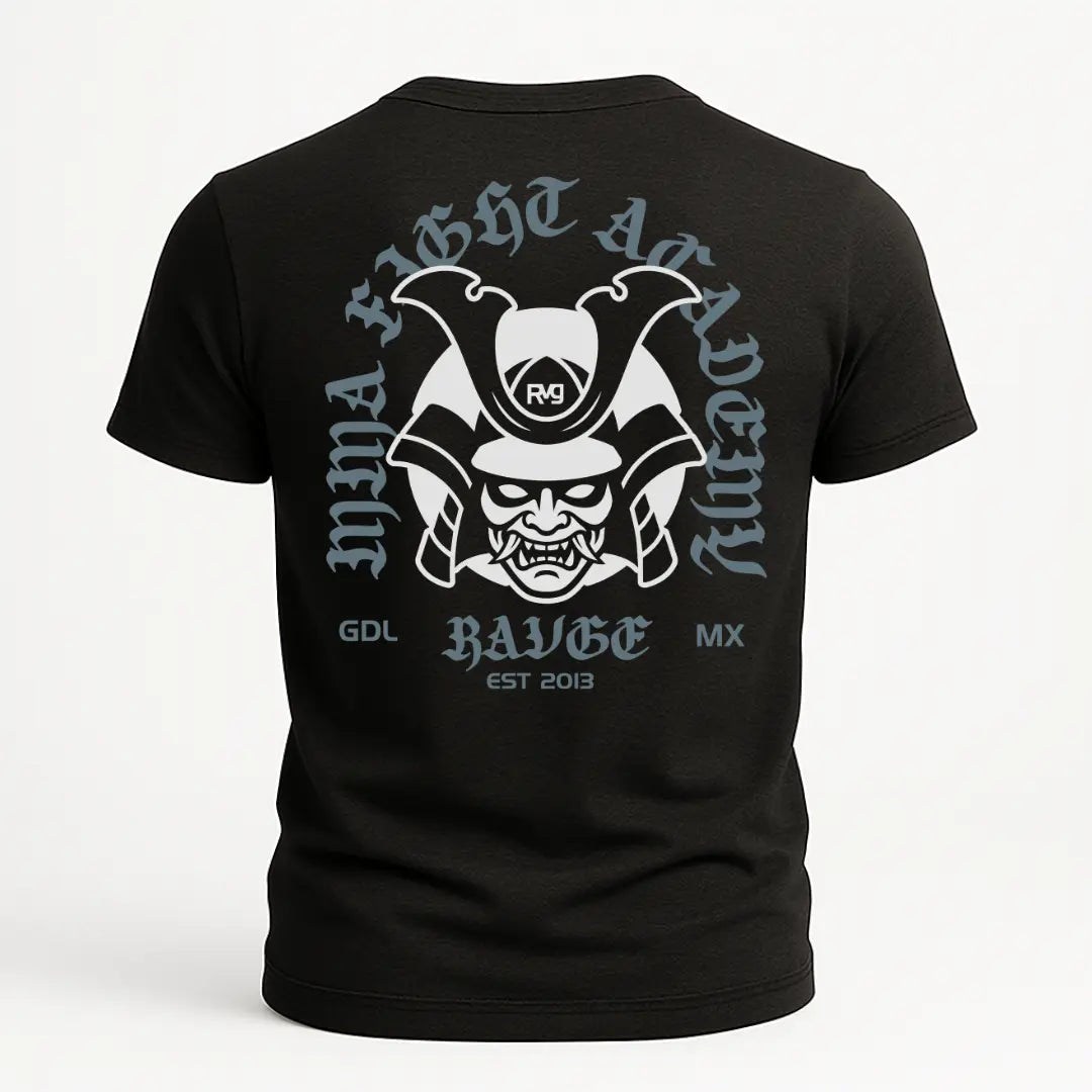 Playera negra RVG Academy con diseño samurái y texto MMA Fight Academy GDL MX EST 2013 en la espalda