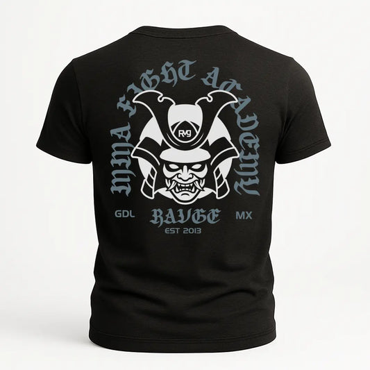Playera negra RVG Academy con diseño samurái y texto MMA Fight Academy GDL MX EST 2013 en la espalda