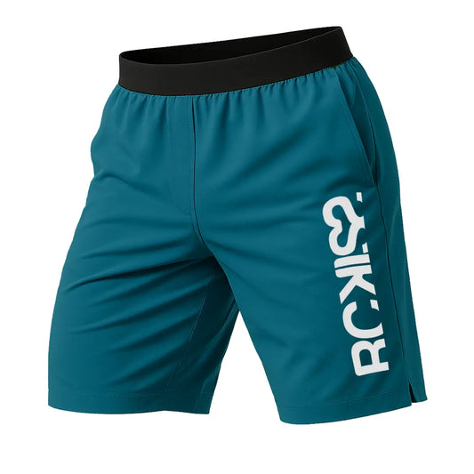 SHORT AZUL TORMENTA MARCA RCKISS CINTURA ELASTICO NEGRO CON LOGOTIPO RCKISS EN BLANCO EN LA PIERNA IZQUIERDA