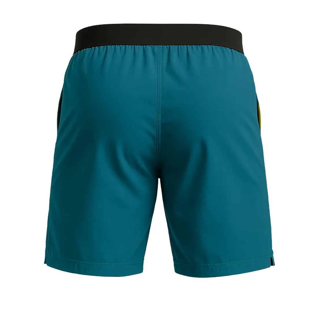 SHORT AZUL TORMENTA MARCA RCKISS CINTURA ELASTICO NEGRO CON LOGOTIPO RCKISS EN BLANCO EN LA PIERNA IZQUIERDA